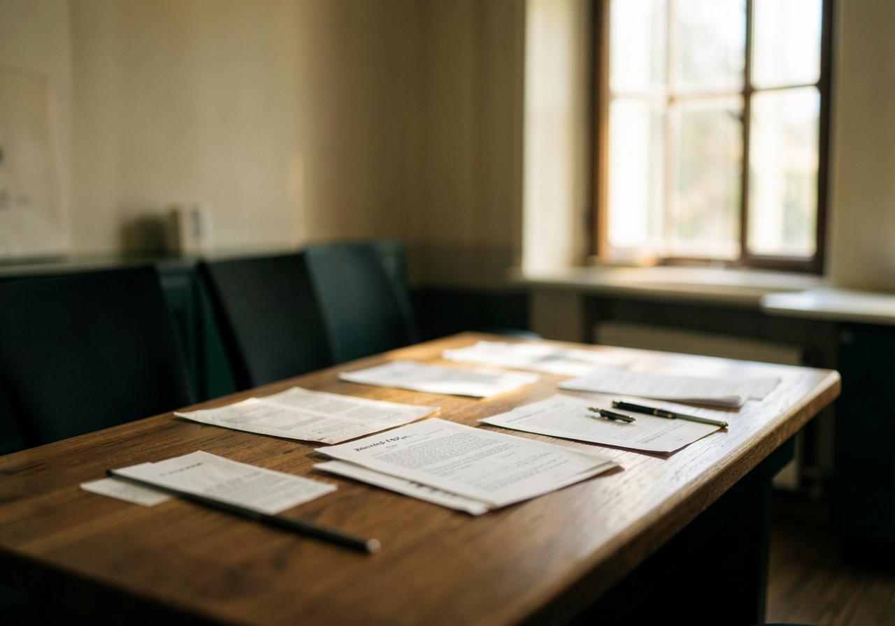 A quiet studio table set with working documents in warm window light